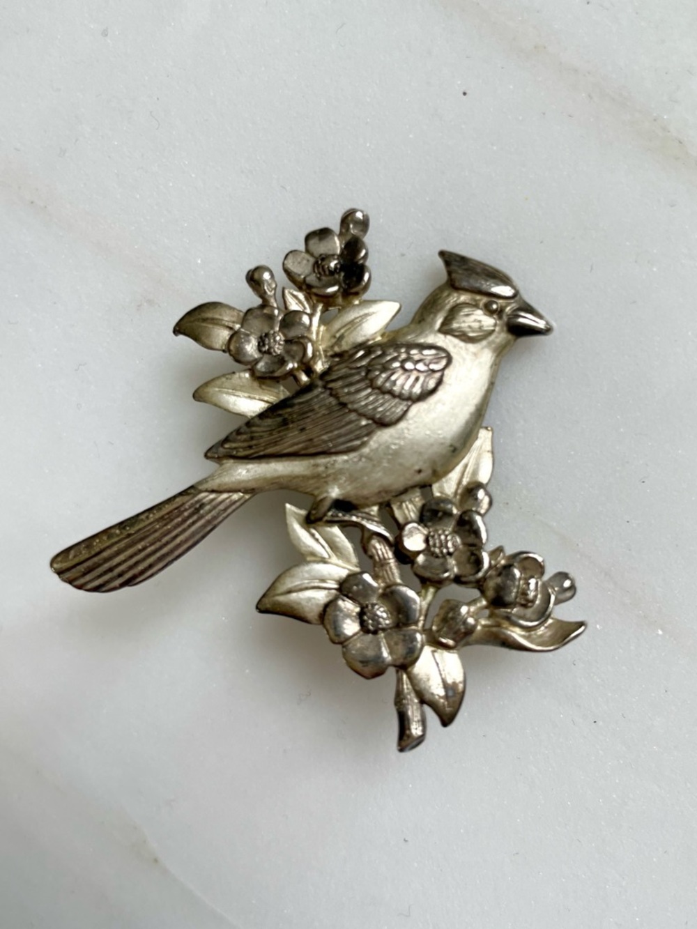 Vintage pewter, cardinal bird and blossoms brooch approximately 1980 Silver-Tone